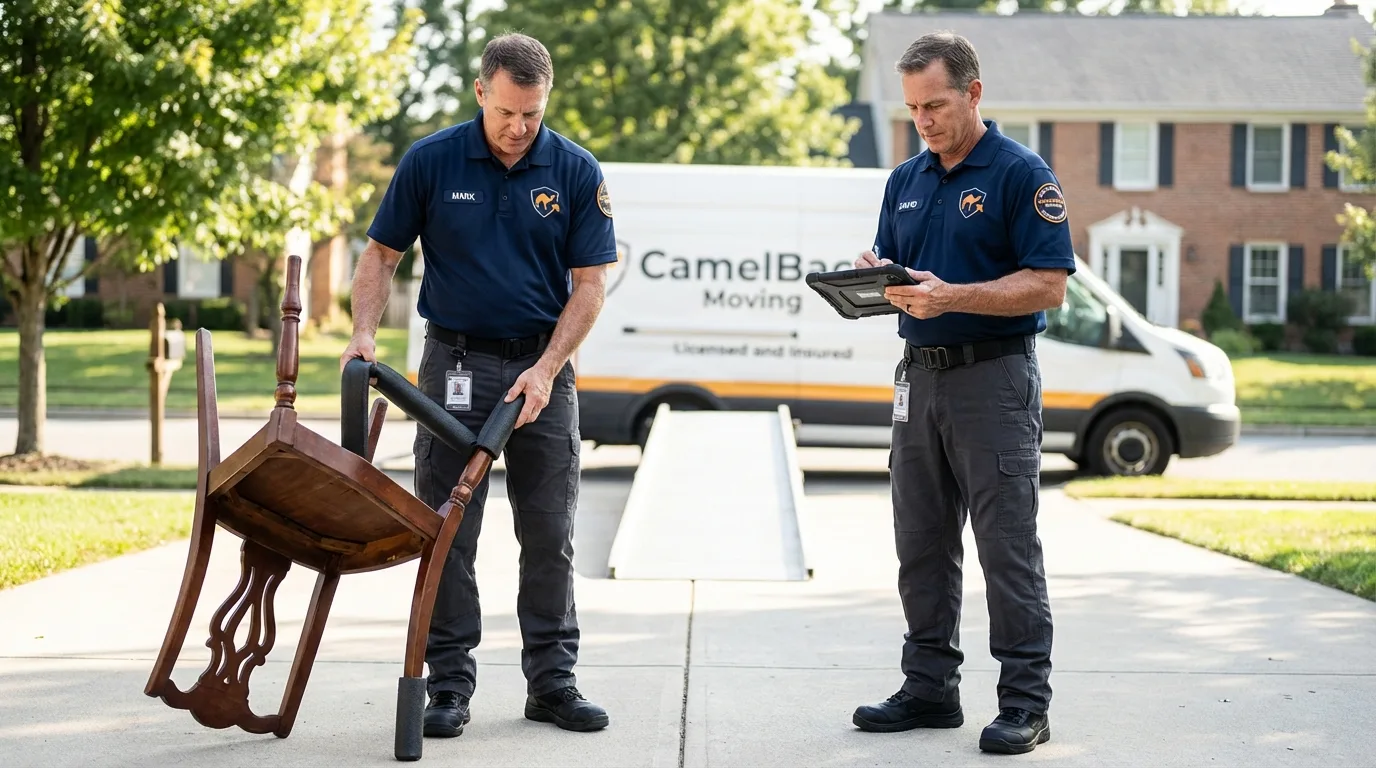 Movers inspecting furniture for damage prevention before loading in Sandy Hook, KY