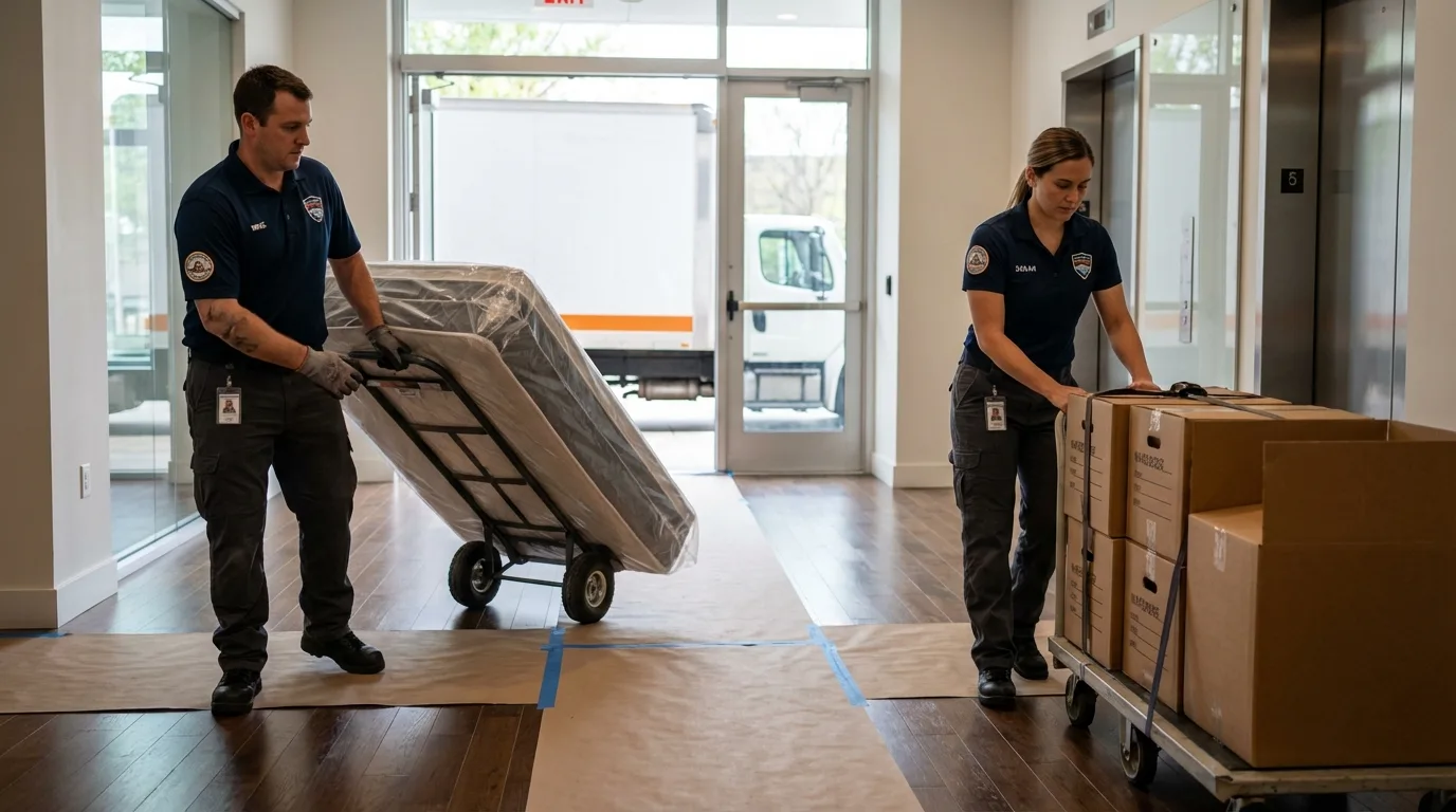 Professional apartment movers loading elevator in Sandy Hook, KY